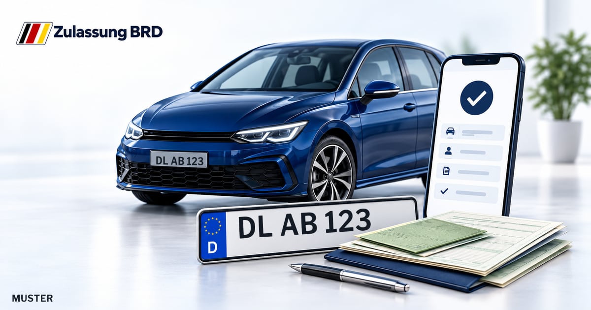 Online Fahrzeugzulassung in Burgstädt: Musterkennzeichen DL AB 123, Auto und Fahrzeugpapiere und Smartphone. Illustration mit Logo von Zulassung BRD.